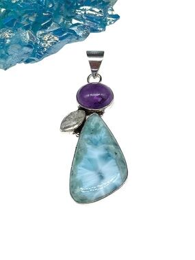 Larimar Amethyst Rainbow Moonstone Necklace Pendant Solid 925 Sterling Silver